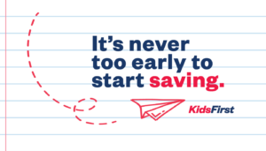 white loose-leaf paper background with text: "it's never too early to start saving"